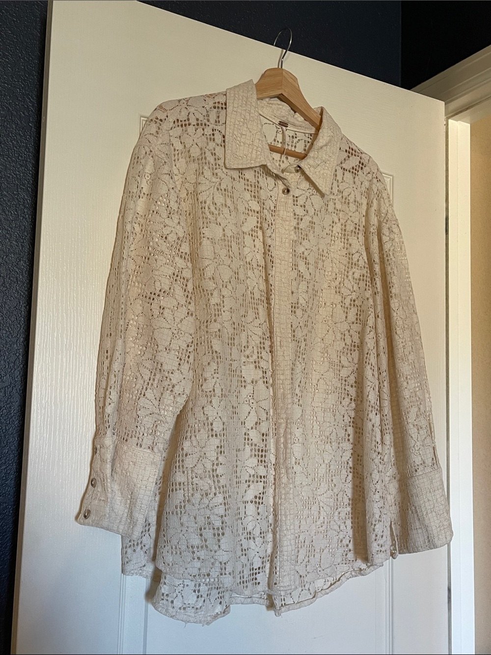 Free People Cream Crochet Lace Button-Down Shirt